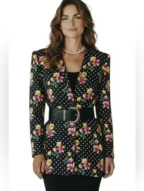 Vintage 100% Silk Nipon Boutique Black Floral & Polka Dot Blazer 4